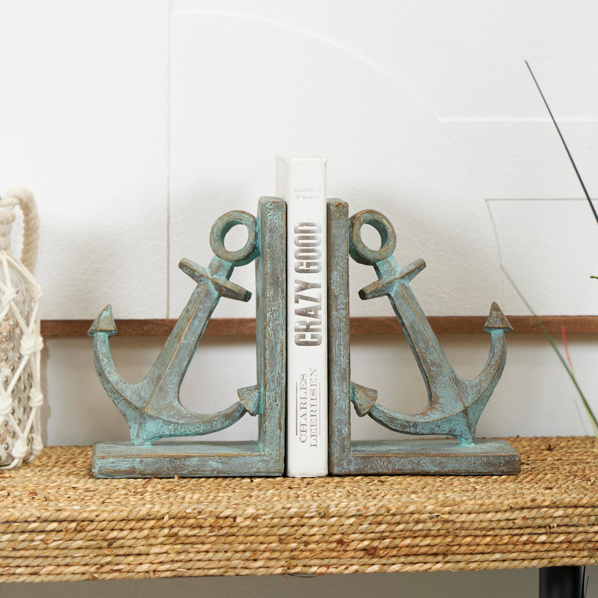 8.5" Blue Polystone Anchor Distressed Patina Bookends with Gold Foil Accents Set
